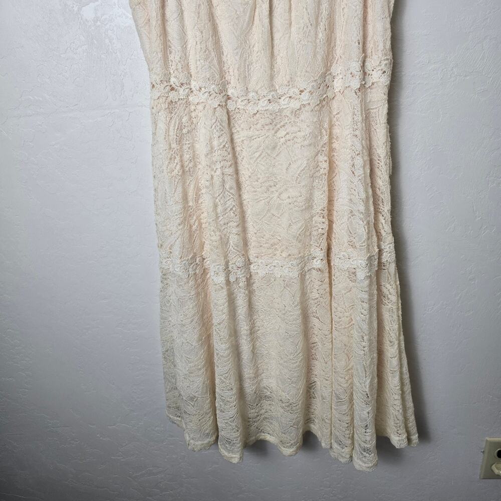 A'reve Cream Crochet Lace Bohemian Cottagecore Peasant Tiered Dress Fairy Core L - Picture 6 of 16